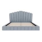 Goldoma queen bed frame with velvet upholstered shell-shaped headboard in light blue