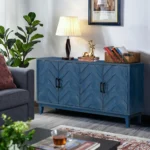 Retroy Vintage 60" Navy Blue Solid Wood Credenza Cabinet 4-Door M-Shaped Panel Buffet with Traditional Design for Dining - Image 2