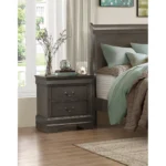 Classic Louis Philippe nightstand with two drawers in stained gray finish displayed in a traditional bedroom setting
