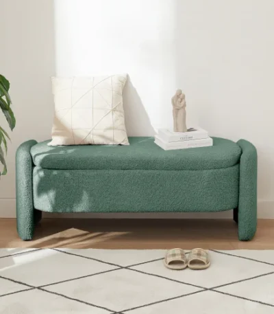 Goldoma Oval Storage Bench with 3D lamb fleece fabric in dark green, ideal as a living room storage ottoman with hidden storage and extra seating