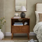 Mid century modern fluted nightstand with charging station, USB ports, and solid wood legs in walnut brown finish