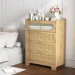 Modern 4-drawer wood dresser chest – bedroom storage organizer with woven fronts and gold handles
