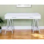 HMS 54" Solid Wood Writing Desk with Two Drawers White and Silver Laptop Table for Bedroom Gaming Computer Desk