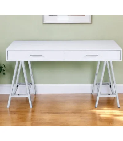 HMS 54" Solid Wood Writing Desk with Two Drawers White and Silver Laptop Table for Bedroom Gaming Computer Desk