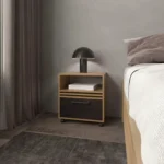 Natural oak nightstand with drawer and open shelf in a minimalist bedroom setting