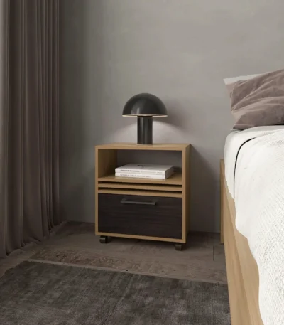 Natural oak nightstand with drawer and open shelf in a minimalist bedroom setting