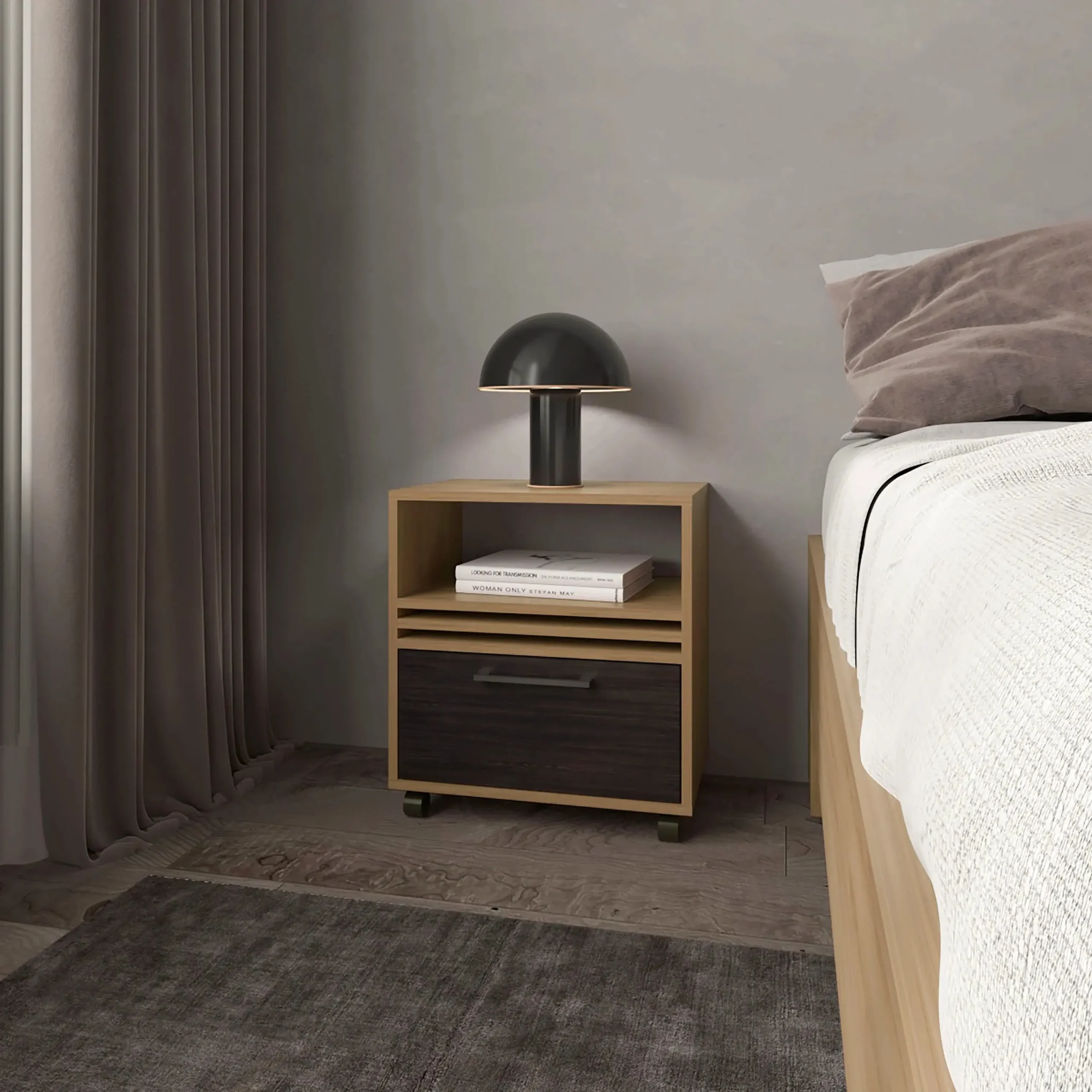 H1639dedfbd6749b3a7199501e65a5f58t.webp Natural oak nightstand with drawer and open shelf in a minimalist bedroom setting