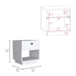 White 1-drawer nightstand with open lower shelf in a minimalist bedroom setting