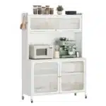 White Tall Storage Sideboard Cabinet for Kitchen Living & Dining Room with Glass Doors & Adjustable Shelves – in a