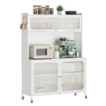 White Tall Storage Sideboard Cabinet for Kitchen Living & Dining Room with Glass Doors & Adjustable Shelves