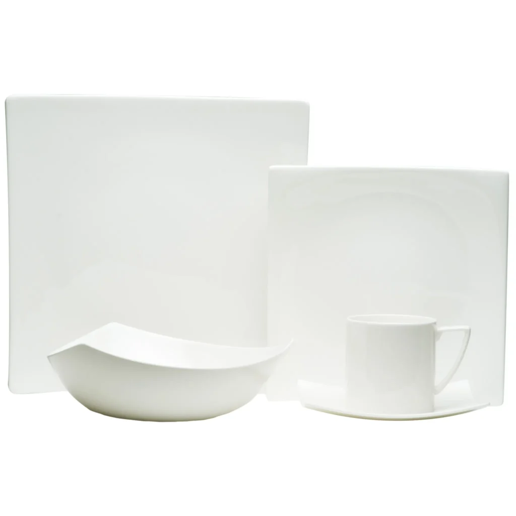HMS White Five-Piece Square Bone China Dinnerware Set Embossed Gold Pattern 16-Piece Stoneware Service for Home or Hotels