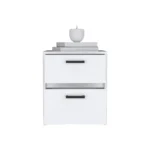 Trivor 2-drawer nightstand in white with metal handles, compact storage side table for bedroom