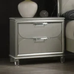 Silver Traditional Nightstand with Acrylic Handles and Embossed Panels – styled in a modern Nightstands setting