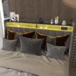 Goldoma full size bed frame with LED lighting and wings headboard in light grey linen, featuring four under-bed storage drawers