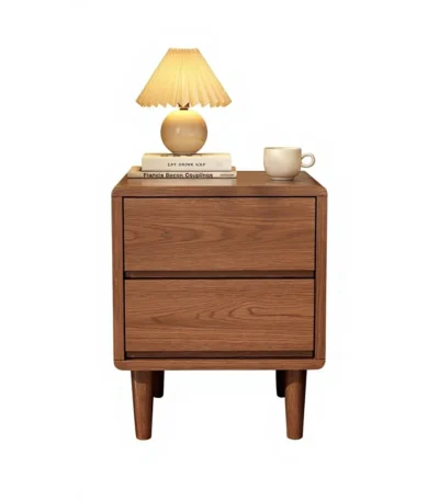 Mid century solid walnut nightstand with drawer placed beside a bed in a modern bedroom