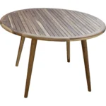 Natural rounded solid wood dining table with smooth finish on a patio