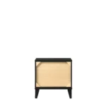 Modern black nightstand with drawers in a bedroom setting, featuring two spacious drawers and a sleek top surface