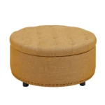Goldoma Round Tufted Storage Ottoman with Nailhead Trim, Beige Fabric – side view