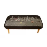 Goldoma gray wool ottoman with brown legs and hidden storage, featuring nailhead trim