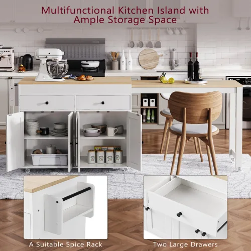K&K 74.5 Inch Modern Kitchen Island with Extendable Dining Table on Wheels Waterproof Portable Spice Rack & 2 Drawers