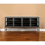HMS 70 Modern Black Solid Wood Sideboard Four Glass Doors Dining Room Furniture for Living Room or Farmhouse