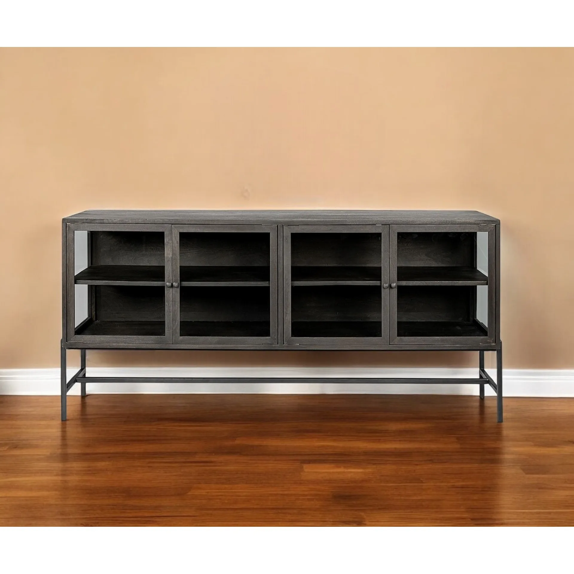 H1836b1efbe714b0d9034245f8ac9b97cj.webp HMS 70 Modern Black Solid Wood Sideboard Four Glass Doors Dining Room Furniture for Living Room or Farmhouse - Image 1