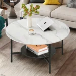 Modern sintered stone coffee table with metal legs in a living room