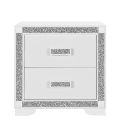 White nightstand with glitter trim and two drawers for bedroom storage - Goldoma glitter nightstand