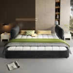 Goldoma King Size Chenille Upholstered Cloud Bed with oversized padded movable headboard