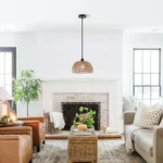 Boho Rattan Pendant Light, Farmhouse Woven Rope Chandelier, Rustic Cage Hanging Lamp, E26 Semi Flush Mount for Kitchen