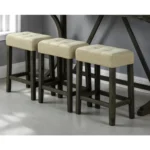 Modern brown dining table set with USB ports and three beige biscuit-tufted stools