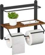 Tissue Holder Rustic Brown Wooden Wall-Mounted Double Toilet Paper Roll Holder Bathrooms Organiser with Storage Racks – side