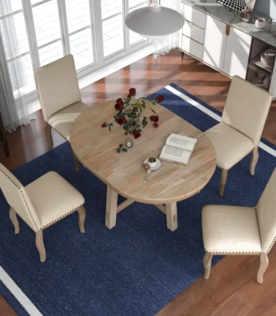 Farmhouse dining table set with extendable round solid wood table and four upholstered chairs in natural wood wash finish