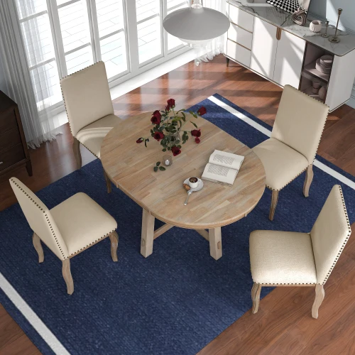 H18f53e163aa846aa9e8fe7ab8b78972ak.webp Farmhouse dining table set with extendable round solid wood table and four upholstered chairs in natural wood wash finish