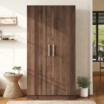 Scandinavian 2-door solid wood wardrobe with shelves and drawers in brown finish