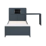 Goldoma Navy Blue Twin Adjustable Platform Bed with storage, bookcase headboard, hidden desk, drawers, and bench