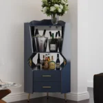 Wooden Corner bar Cabinet with 2 Open Storage Shelves and 2 Drawers Mirrored Back Sideboard Cabinet High Feet Legs - Image 7