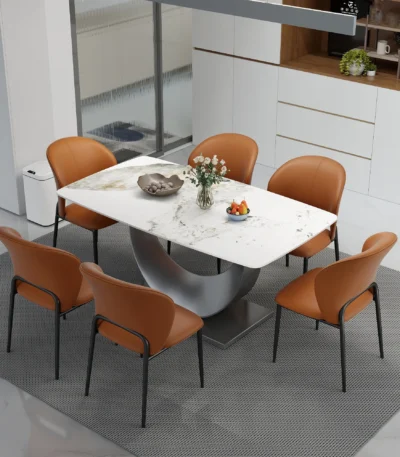 Goldoma Luxury Marble Textured Dining Table with Sintered Stone Top and Gold Metal Base - Rectangular Modern Style