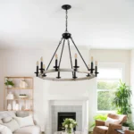 US Stock Free Shipping 31.5'' Black Iron and Wood Farmhouse 10-Light Chandelier Pendant Light for Living Room Porch