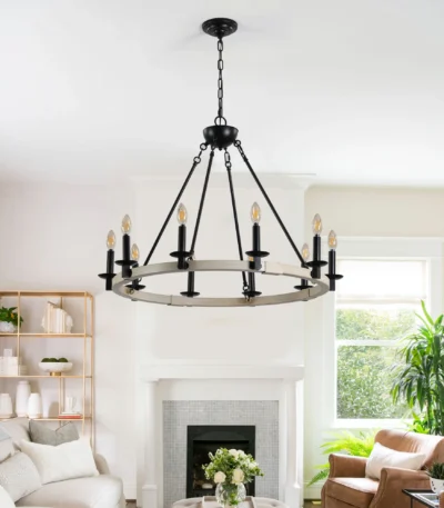 US Stock Free Shipping 31.5'' Black Iron and Wood Farmhouse 10-Light Chandelier Pendant Light for Living Room Porch