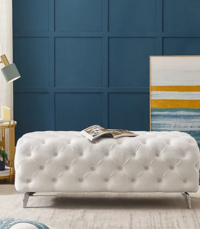 Goldoma 59 storage ottoman bench in beige velvet with hidden storage compartment