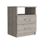 Light gray nightstand with two drawers and open shelf, minimalist bedroom storage furniture by Olienza at Goldoma