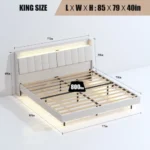 King floating bed frame with LED lighting and charging station in a modern bedroom