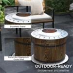 Brown fire pit with glowing flames in a backyard setting