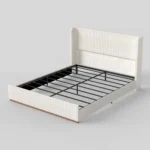 Goldoma queen size solid wood upholstered bed frame with cream corduroy wingback headboard in a modern bedroom