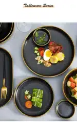 Gilt Rim Black Porcelain Dinner Plates Kitchen Dishes Ceramics Tableware Food Tray Rice Salad Noodles Bowl Cutlery Set – in
