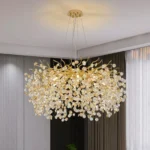 Luxury crystal chandelier illuminating a grand hotel lobby with sparkling K9 crystals