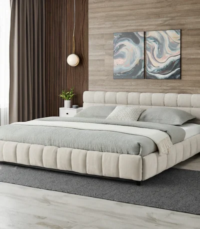 Modern king size adjustable bed with chenille fabric headboard and solid wood frame in a bedroom setting - best king size adjustable bed