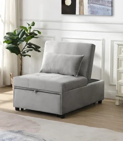 Goldoma convertible ottoman sofa bed in gray velvet, folded as an ottoman with a modern living room setting