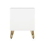 White nightstand with gold hairpin legs featuring two storage drawers in a modern bedroom setting